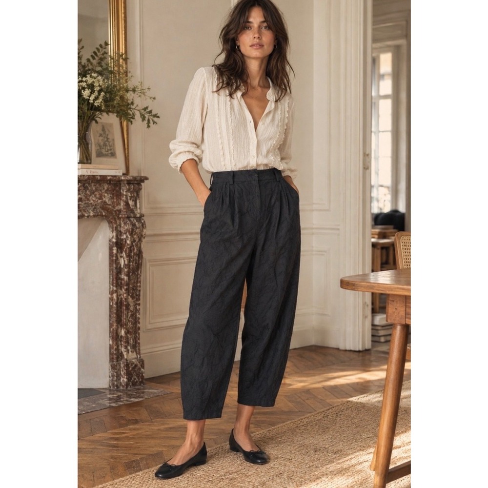 House of Harlow 1960 Black Embroidered Barrel Pants Cotton High Rise Size M